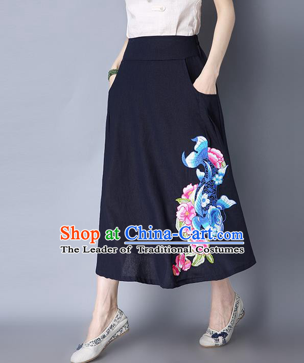Traditional Ancient Chinese National Pleated Skirt Costume, Elegant Hanfu Linen Embroidery Long Navy Dress, China Tang Dynasty Bust Skirt for Women