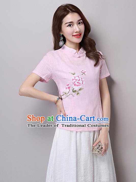 Traditional Chinese National Costume, Elegant Hanfu Printing Flowers Slant Opening Pink T-Shirt, China Tang Suit Republic of China Plated Buttons Blouse Cheongsam Upper Outer Garment Qipao Shirts Clothing for Women
