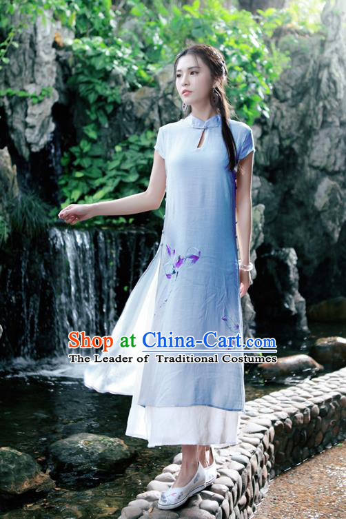 Traditional Ancient Chinese National Costume, Elegant Hanfu Mandarin Qipao Painting Lotus Blue Dress, China Tang Suit Chirpaur Republic of China Cheongsam Upper Outer Garment Elegant Dress Clothing for Women