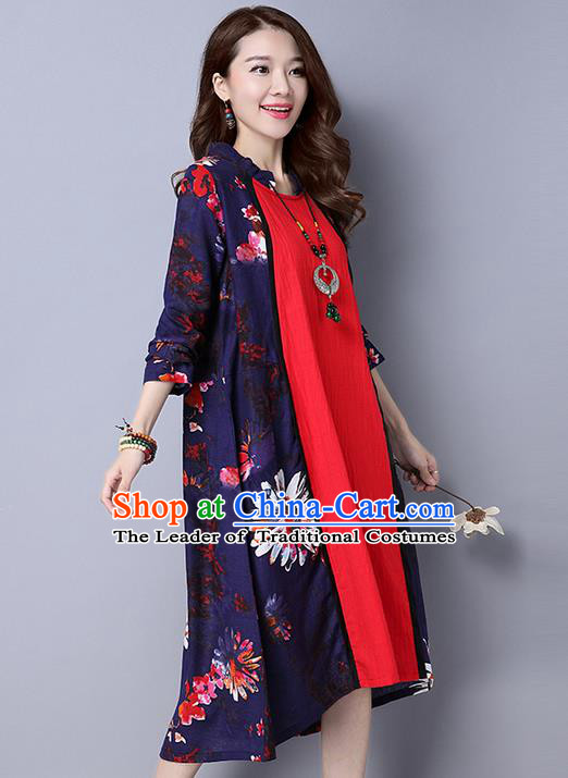 Traditional Ancient Chinese National Costume, Elegant Hanfu Mandarin Collar Printing Dress, China Tang Suit Upper Outer Garment Big Swing Elegant Dress Clothing for Women