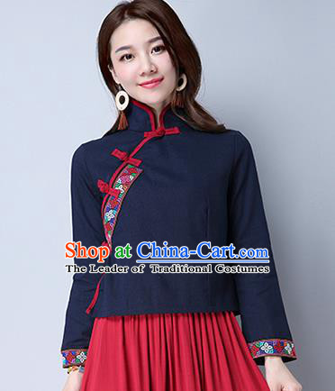 Traditional Chinese National Costume, Elegant Hanfu Embroidery Cross-Stitch Navy Shirt, China Tang Suit Republic of China Plated Buttons Blouse Cheongsam Upper Outer Garment Qipao Shirts Clothing for Women