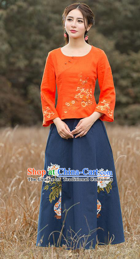 Traditional Chinese National Costume, Elegant Hanfu Embroidery Mandarin Sleeve Orange Shirt, China Tang Suit Republic of China Blouse Cheongsam Upper Outer Garment Qipao Shirts Clothing for Women