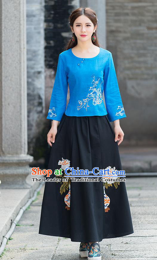 Traditional Chinese National Costume, Elegant Hanfu Embroidery Mandarin Sleeve Blue Shirt, China Tang Suit Republic of China Blouse Cheongsam Upper Outer Garment Qipao Shirts Clothing for Women