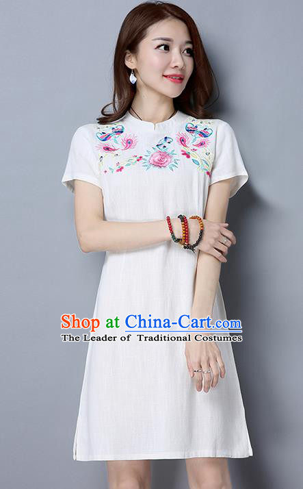 Traditional Ancient Chinese National Costume, Elegant Hanfu Mandarin Qipao Linen Embroidery White Dress, China Tang Suit Chirpaur Republic of China Cheongsam Upper Outer Garment Elegant Dress Clothing for Women