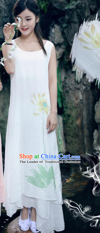 Traditional Ancient Chinese National Costume, Elegant Hanfu Painting Flowers White Long Dress, China Tang Suit Chirpaur Republic of China Cheongsam Upper Outer Garment Elegant Dress Clothing for Women