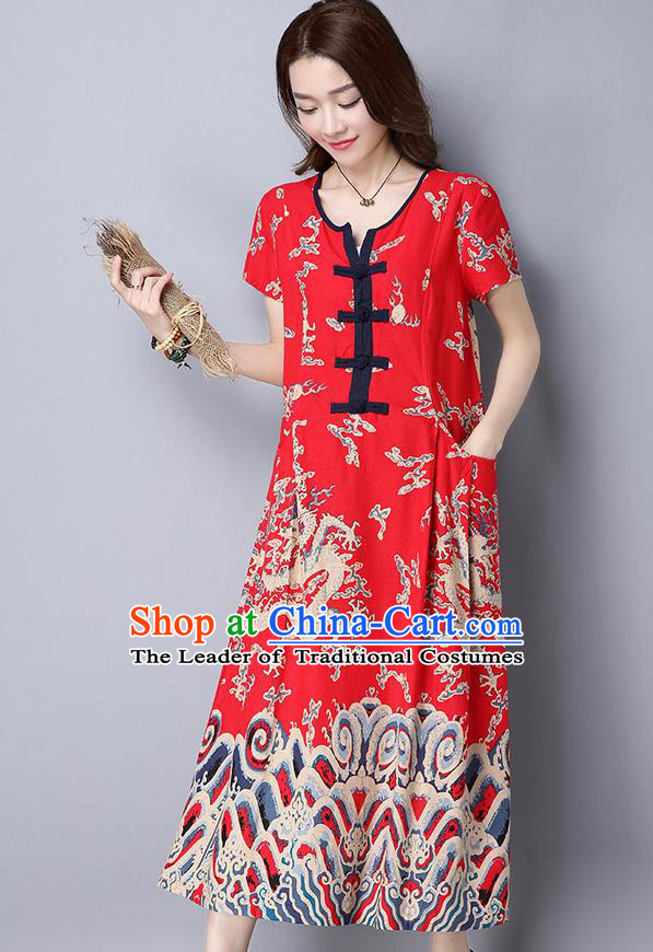 Traditional Ancient Chinese National Costume, Elegant Hanfu Linen Painting Red Long Dress, China Tang Suit Chirpaur Republic of China Cheongsam Upper Outer Garment Elegant Dress Clothing for Women