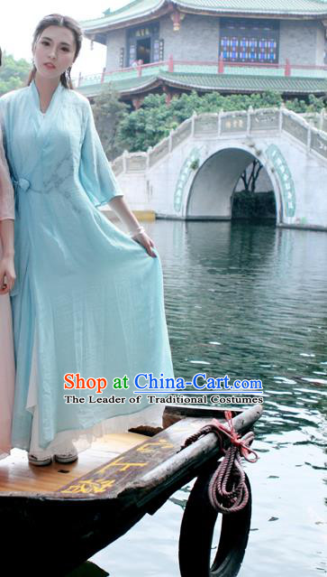 Traditional Ancient Chinese National Costume, Elegant Hanfu Mandarin Qipao Linen Blue Printing Dress, China Tang Suit Chirpaur Republic of China Cheongsam Upper Outer Garment Elegant Dress Clothing for Women