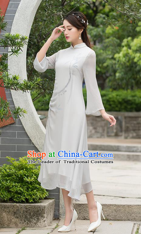 Traditional Ancient Chinese National Costume, Elegant Hanfu Mandarin Qipao Linen Double Layer Grey Dress, China Tang Suit Stand Collar Chirpaur Republic of China Cheongsam Upper Outer Garment Elegant Dress Clothing for Women