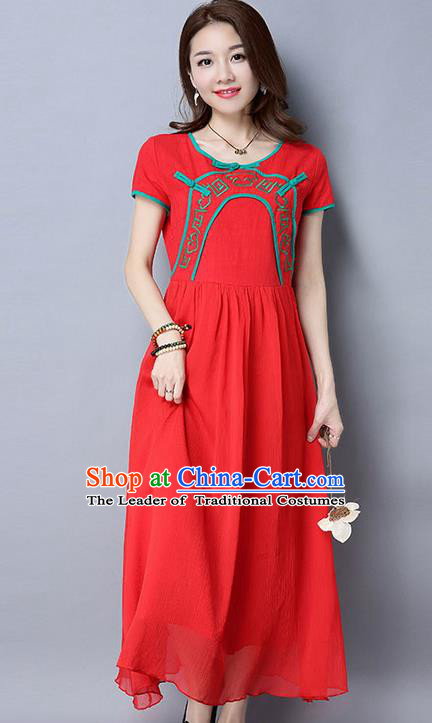 Traditional Ancient Chinese National Costume, Elegant Hanfu Qipao Linen Embroidery Red Dress, China Tang Suit Chirpaur Republic of China Cheongsam Upper Outer Garment Elegant Dress Clothing for Women