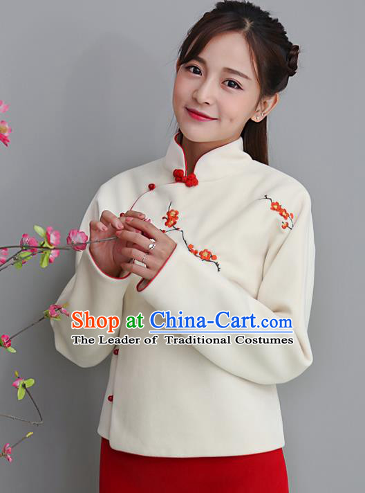 Traditional Chinese National Costume, Elegant Hanfu Embroidery Flowers Slant Opening Woolen Coat, China Tang Suit Republic of China Plated Buttons Jacket Cheongsam Upper Outer Garment Qipao Shirts Clothing for Women