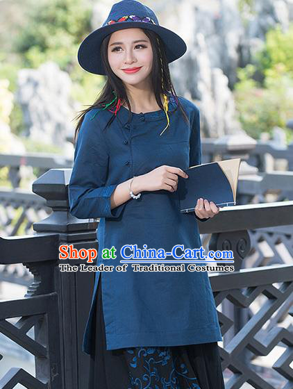 Traditional Chinese National Costume, Elegant Hanfu Embroidery Slant Opening Long Navy Shirt, China Tang Suit Republic of China Plated Buttons Blouse Cheongsam Upper Outer Garment Qipao Shirts Clothing for Women