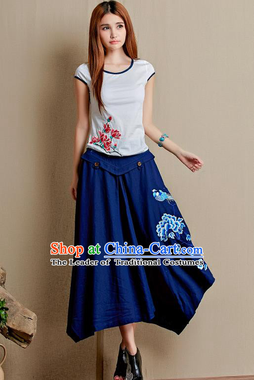 Traditional Ancient Chinese National Pleated Skirt Costume, Elegant Hanfu Linen Embroidery Long Blue Dress, China Tang Suit Big Swing Bust Skirt for Women