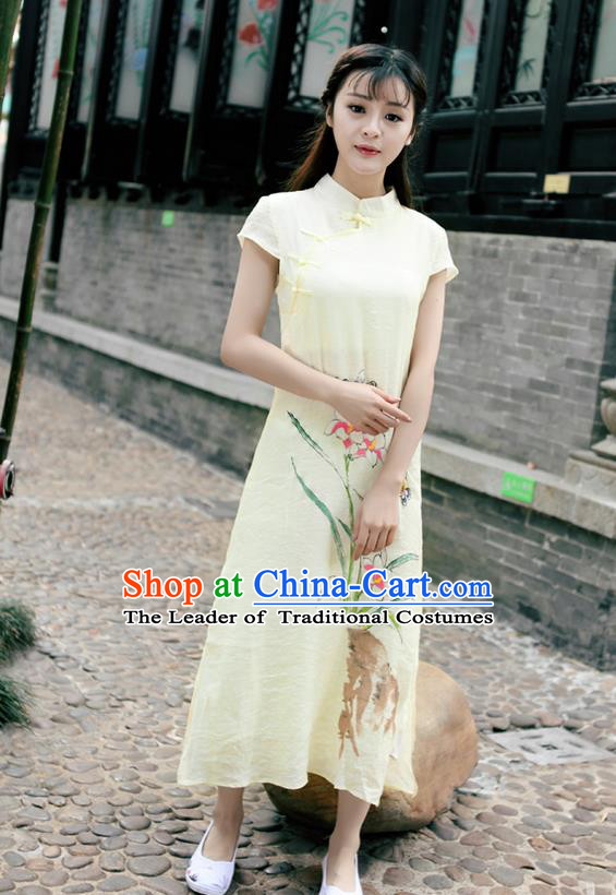 Traditional Ancient Chinese National Costume, Elegant Hanfu Mandarin Qipao Linen Hand Painting Orchid Apricot Dress, China Tang Suit Chirpaur Republic of China Cheongsam Upper Outer Garment Elegant Dress Clothing for Women