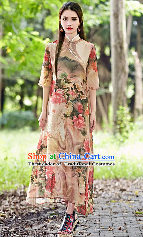 Traditional Ancient Chinese National Costume, Elegant Hanfu Mandarin Qipao Stand Collar Painting Red Dress, China Tang Suit Chirpaur Republic of China Cheongsam Upper Outer Garment Elegant Dress Clothing for Women