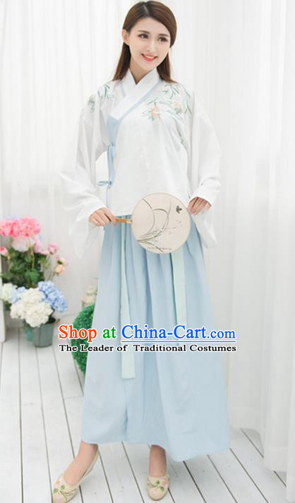 Traditional Ancient Chinese Costume, Elegant Hanfu Clothing Embroidered Slant Opening Blouse and Dress, China Ming Dynasty Princess Elegant Sleeve Placket Blouse and Skirt Complete Set for Women