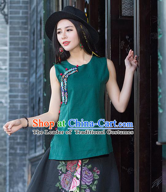 Traditional Chinese National Costume, Elegant Hanfu Embroidery Flowers Slant Opening Green T-Shirt, China Tang Suit Republic of China Plated Buttons Blouse Cheongsam Vest Upper Outer Garment Qipao Shirts Clothing for Women