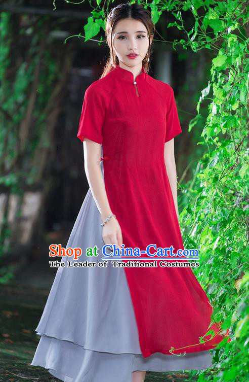 Traditional Ancient Chinese National Costume, Elegant Hanfu Mandarin Qipao Stand Collar Red Dress, China Tang Suit Ao Dai Chirpaur Republic of China Cheongsam Upper Outer Garment Elegant Dress Clothing for Women