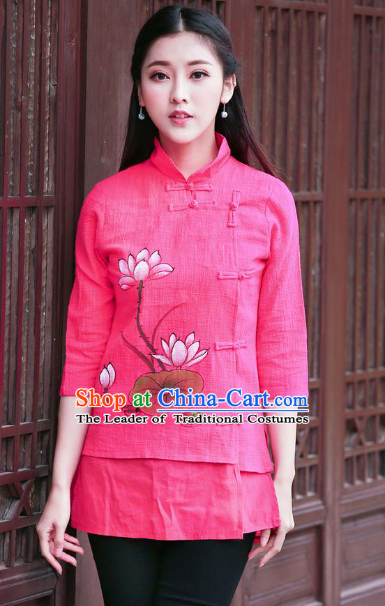 Traditional Chinese National Costume, Elegant Hanfu Painting Lotus Stand Collar Pink Shirt, China Tang Suit Republic of China Plated Buttons Blouse Cheongsam Upper Outer Garment Qipao Shirts Clothing for Women