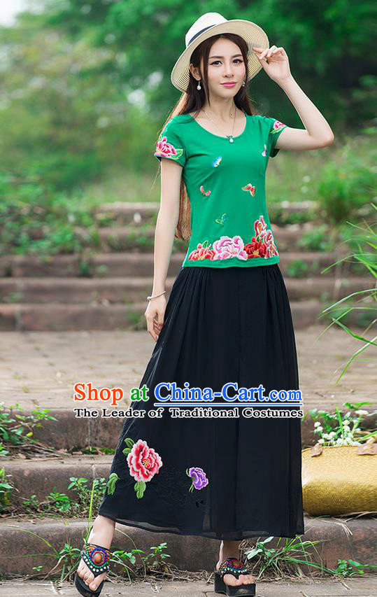 Traditional Chinese National Costume, Elegant Hanfu Embroidery Flowers Butterfly Green T-Shirt, China Tang Suit Republic of China Blouse Cheongsam Upper Outer Garment Qipao Shirts Clothing for Women