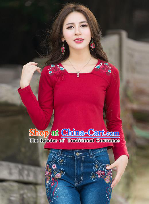 Traditional Chinese National Costume, Elegant Hanfu Embroidery Flowers Red T-Shirt, China Tang Suit Republic of China Plated Buttons Blouse Cheongsam Upper Outer Garment Qipao Shirts Clothing for Women