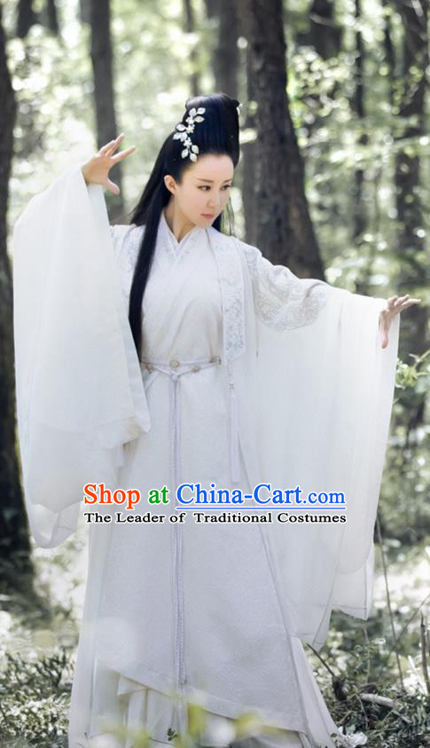 Traditional Ancient Chinese Elegant Swordsman Costume, Chinese Han Dynasty Princess Dress, Cosplay Chinese Television Drama Jade Dynasty Qing Yun Faction Peri Hanfu Trailing Embroidery Clothing for Women