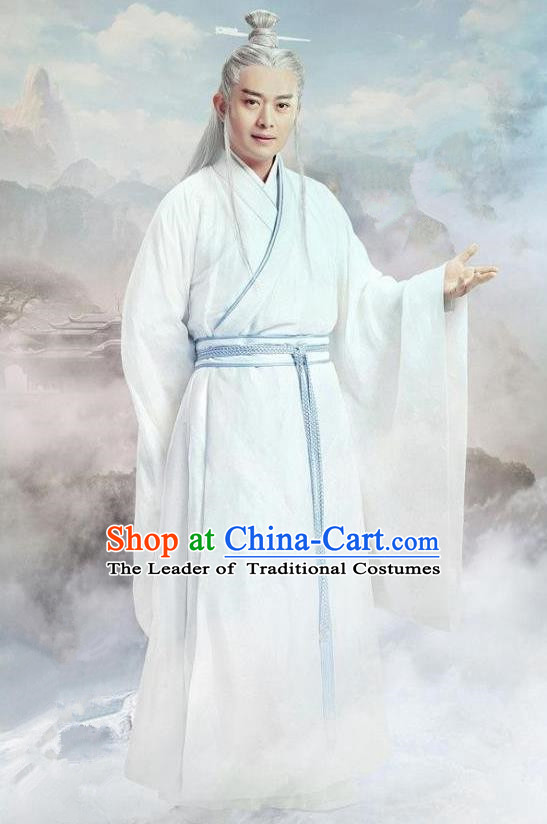 Traditional Ancient Chinese Elegant Swordsman Costume, Chinese Han Dynasty Taoist Priest Robes Kung fu Master White Dress, Cosplay Chinese Television Drama Jade Dynasty Qing Yun Faction Owners Hanfu Clothing for Men