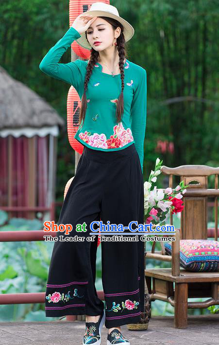 Traditional Chinese National Costume, Elegant Hanfu Embroidery Peony Flowers Green T-Shirt, China Tang Suit Republic of China Blouse Cheongsam Upper Outer Garment Qipao Shirts Clothing for Women