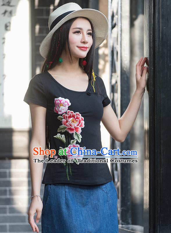 Traditional Chinese National Costume, Elegant Hanfu Embroidery Peony Flowers Round Collar Black T-Shirt, China Tang Suit Republic of China Blouse Cheongsam Upper Outer Garment Qipao Shirts Clothing for Women