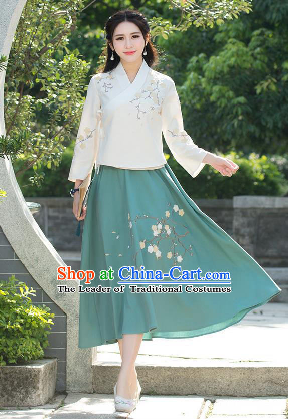 Traditional Ancient Chinese National Pleated Skirt Costume, Elegant Hanfu Embroidery Wintersweet Flowers Long Green Skirt, China Tang Suit Bust Skirt for Women