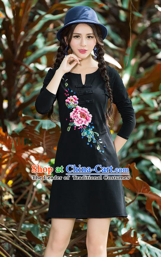 Traditional Ancient Chinese National Costume, Elegant Hanfu Mandarin Qipao Embroidery Flowers Black Dress, China Tang Suit Chirpaur Republic of China Plated Buttons Cheongsam Elegant Dress Clothing for Women