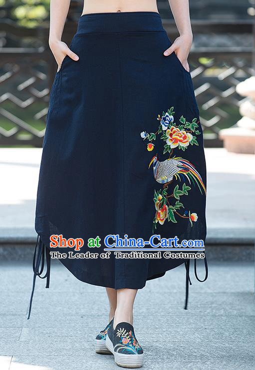 Traditional Ancient Chinese National Pleated Skirt Costume, Elegant Hanfu Embroidery Birds Flowers Long Blue Irregular Skirt, China Tang Suit Bust Skirt for Women