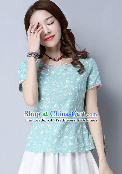 Traditional Chinese National Costume, Elegant Hanfu Flower Color Blue T-Shirt, China Tang Suit Republic of China Plated Buttons Blouse Cheongsam Upper Outer Garment Qipao Shirts Clothing for Women