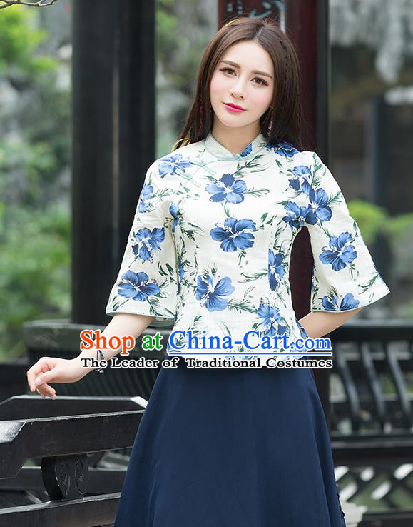 Traditional Chinese National Costume, Elegant Hanfu Linen Slant Opening Blue T-Shirt, China Tang Suit Republic of China Plated Buttons Blouse Cheongsam Upper Outer Garment Qipao Shirts Clothing for Women