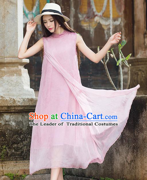 Traditional Ancient Chinese National Costume, Elegant Hanfu Mandarin Qipao Pink Dress, China Tang Suit Chirpaur Republic of China Stand Collar Cheongsam Elegant Dress Clothing for Women