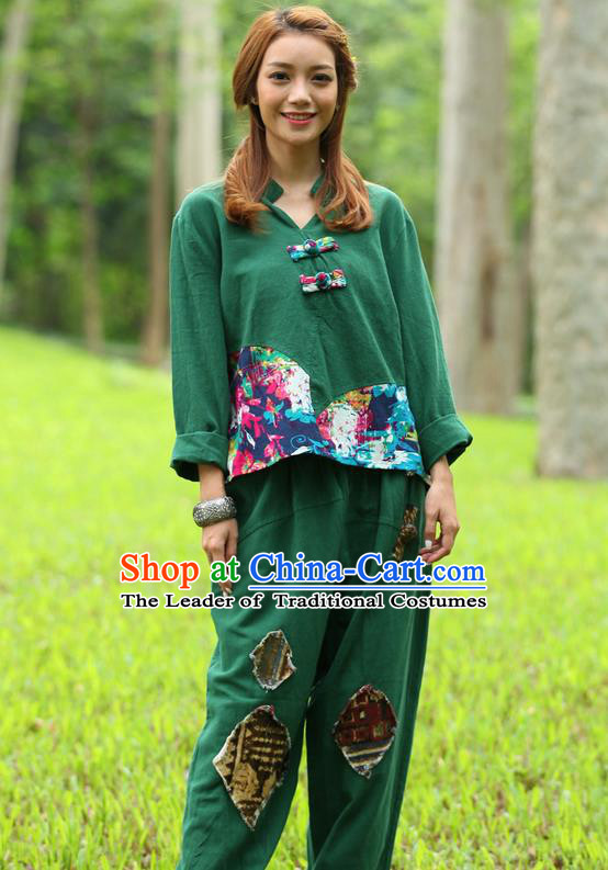 Traditional Chinese National Costume, Elegant Hanfu Joint Color Flowers Linen Green T-Shirt, China Tang Suit Plated Buttons Blouse Cheongsam Upper Outer Garment Qipao Shirts Clothing for Women