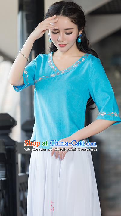 Traditional Chinese National Costume, Elegant Hanfu Embroidery Blue Shirt, China Tang Suit Republic of China Blouse Cheongsam Upper Outer Garment Qipao Shirts Clothing for Women