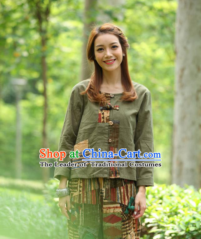 Traditional Chinese National Costume, Elegant Hanfu Patch Contrast Color Army Green T-Shirt, China Tang Suit Republic of China Plated Buttons Blouse Cheongsam Upper Outer Garment Qipao Shirts Clothing for Women