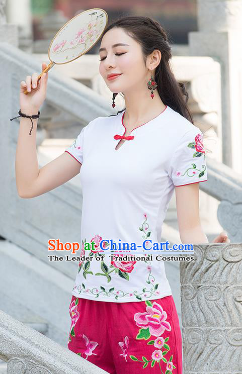 Traditional Chinese National Costume, Elegant Hanfu Embroidery Flowers White T-Shirt, China Tang Suit Republic of China Plated Buttons Blouse Cheongsam Upper Outer Garment Qipao Shirts Clothing for Women