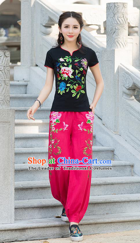 Traditional Chinese National Costume, Elegant Hanfu Embroidery Flowers Black T-Shirt, China Tang Suit Republic of China Chirpaur Blouse Cheong-sam Upper Outer Garment Qipao Shirts Clothing for Women