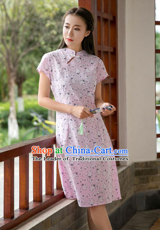Traditional Ancient Chinese National Costume, Elegant Hanfu Mandarin Qipao Stand Collar Pink Dress, China Tang Suit Chirpaur Republic of China Plated Buttons Cheong-sam Elegant Dress Clothing for Women