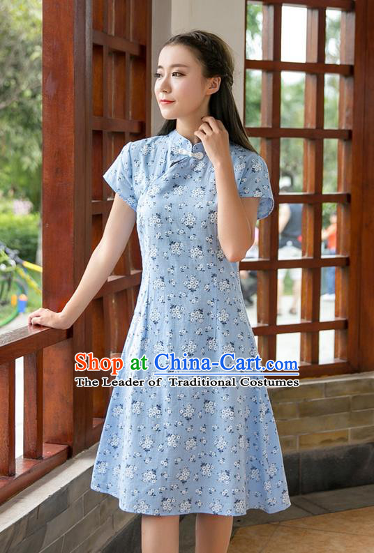 Traditional Ancient Chinese National Costume, Elegant Hanfu Mandarin Qipao Stand Collar Blue Dress, China Tang Suit Chirpaur Republic of China Plated Buttons Cheong-sam Elegant Dress Clothing for Women