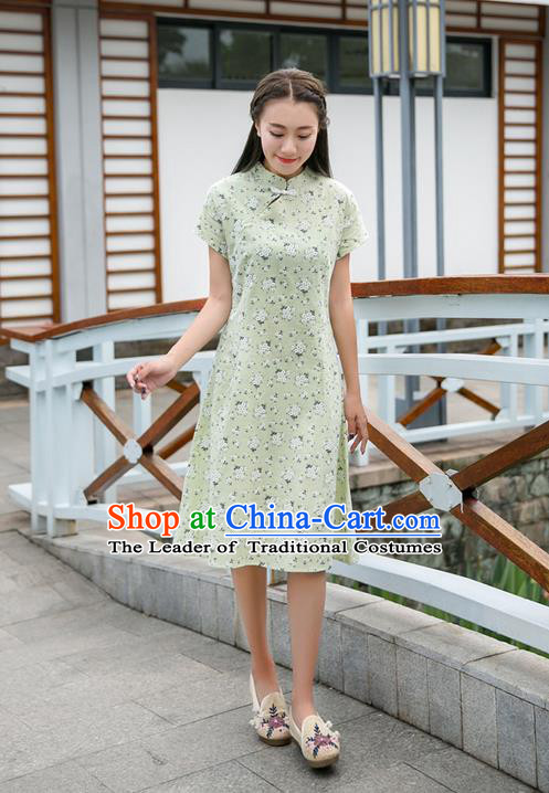 Traditional Ancient Chinese National Costume, Elegant Hanfu Mandarin Qipao Stand Collar Green Dress, China Tang Suit Chirpaur Republic of China Plated Buttons Cheong-sam Elegant Dress Clothing for Women