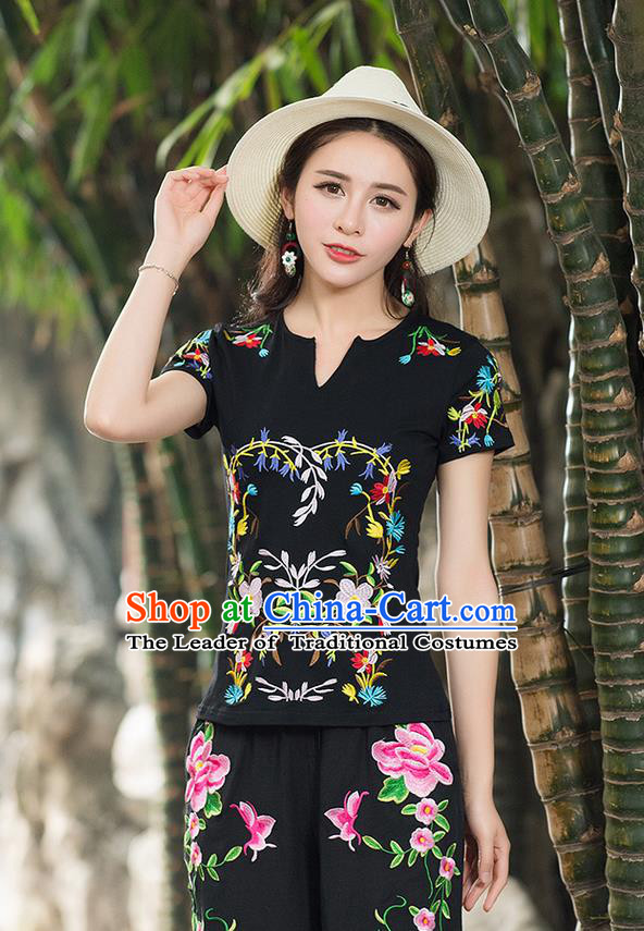 Traditional Chinese National Costume, Elegant Hanfu Embroidery Flowers Black T-Shirt, China Tang Suit Republic of China Chirpaur Buttons Blouse Cheong-sam Upper Outer Garment Qipao Shirts Clothing for Women