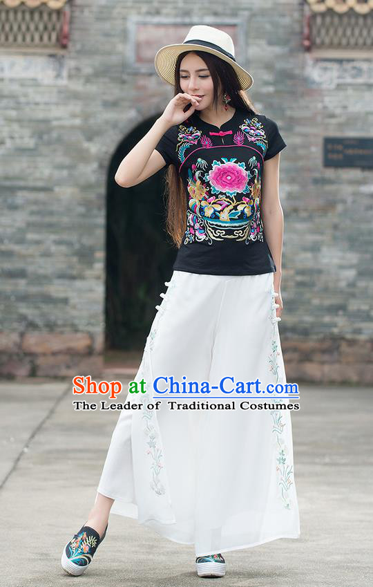 Traditional Chinese National Costume, Elegant Hanfu Embroidery Peony Flowers Black T-Shirt, China Tang Suit Republic of China Chirpaur Plated Buttons Blouse Cheong-sam Upper Outer Garment Qipao Shirts Clothing for Women