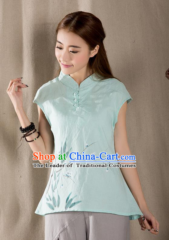 Traditional Chinese National Costume, Elegant Hanfu Hang Painting Stand Collar Green Blouse, China Tang Suit Republic of China Plated Buttons Chirpaur Blouse Cheong-sam Upper Outer Garment Qipao Shirts Clothing for Women