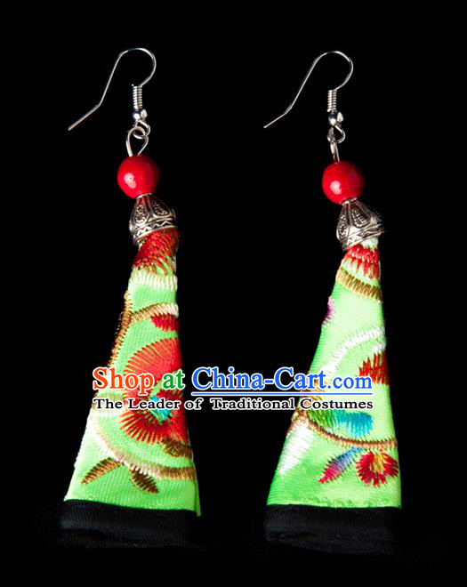 Traditional Chinese Miao Nationality Crafts, Hmong Handmade Miao Silver Embroidery Green Earrings Pendant, China Ethnic Minority Eardrop Accessories Earbob Pendant for Women