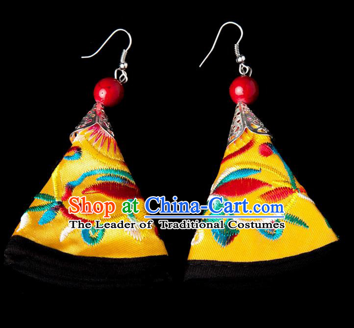 Traditional Chinese Miao Nationality Crafts, Yunnan Hmong Handmade Embroidery Flower Yellow Earrings Pendant, China Ethnic Minority Eardrop Accessories Earbob Pendant for Women