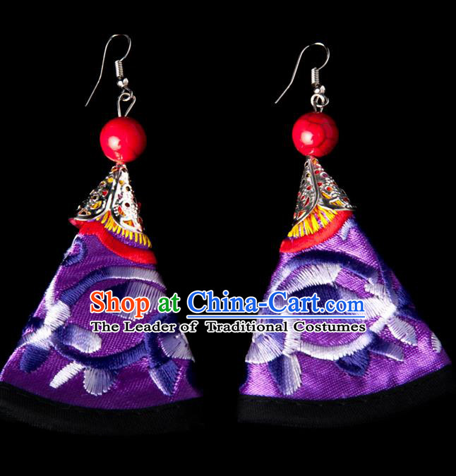 Traditional Chinese Miao Nationality Crafts, Yunnan Hmong Handmade Embroidery Flower Purple Earrings Pendant, China Ethnic Minority Eardrop Accessories Earbob Pendant for Women