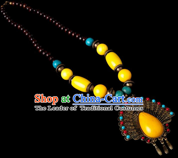 Traditional Chinese Zang Nationality Crafts, Hmong Handmade Tibet Yellow Sweater Chain, Tibetan Ethnic Minority Necklace Accessories Pendant for Women