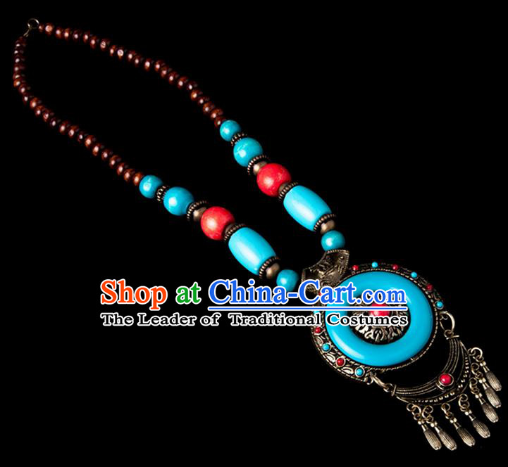 Traditional Chinese Zang Nationality Crafts, Hmong Handmade Tibet Blue Tassel Sweater Chain, Tibetan Ethnic Minority Necklace Accessories Pendant for Women